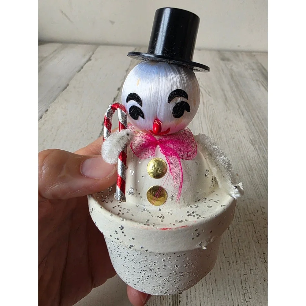 Vintage putz candy paper Japan snowman candy container spun glass chenille top
